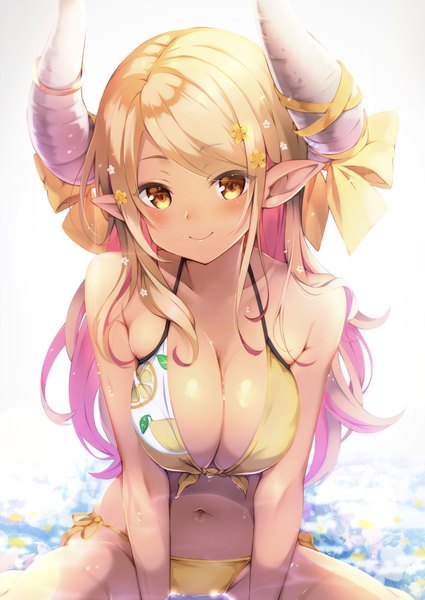 Anime picture 1200x1694 with granblue fantasy kumbhira (granblue fantasy) pilokey single long hair tall image looking at viewer blush breasts light erotic blonde hair smile large breasts sitting yellow eyes multicolored hair hair flower horn (horns) pointy ears colored inner hair