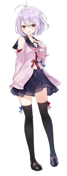 Anime picture 1499x3892 with onsen musume nyutou nodoka azuuru single tall image looking at viewer blush fringe short hair open mouth red eyes purple hair full body ahoge long sleeves pleated skirt light smile official art hand on chest transparent background