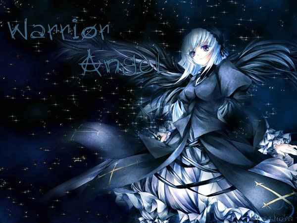 Anime picture 1024x768 with rozen maiden suigintou single long hair fringe breasts purple eyes holding blue hair looking away text dark background black wings third-party edit glow girl dress ribbon (ribbons) wings frills