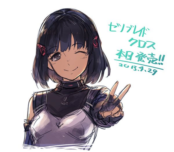 Anime picture 900x787 with xenoblade chronicles x lynlee kuu guchico single looking at viewer blush short hair black hair simple background smile white background one eye closed wink black eyes text outstretched arm dated victory girl gloves