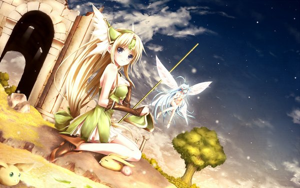 Anime picture 1000x625 with seiken densetsu seiken densetsu 3 riesz akkijin long hair looking at viewer blush light erotic blonde hair wide image sitting purple eyes multiple girls blue hair very long hair light smile pointy ears insect wings butterfly wings fairy