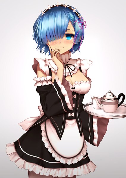 Anime picture 1000x1414 with re:zero kara hajimeru isekai seikatsu white fox rem (re:zero) zen33n single tall image looking at viewer fringe short hair blue eyes smile white background blue hair hair over one eye maid girl dress uniform frills headdress