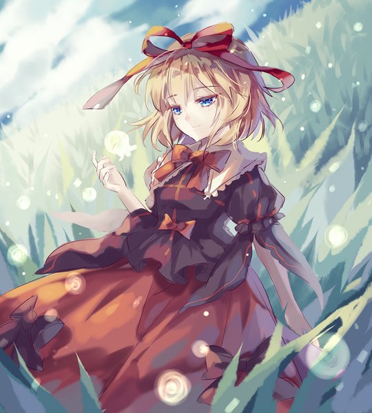 Anime picture 1000x1111 with touhou phantasmagoria of flower view medicine melancholy hichou single tall image short hair blue eyes blonde hair looking away cloud (clouds) outdoors arm up light smile puffy sleeves girl ribbon (ribbons) plant (plants) hair ribbon bowtie