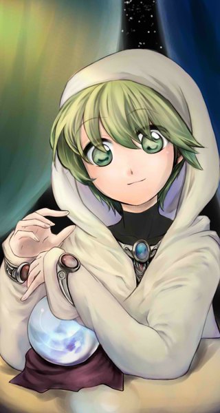 Anime picture 1024x1920 with vocaloid ryuto (vocaloid) single tall image looking at viewer highres short hair open mouth smile green eyes green hair boy hood