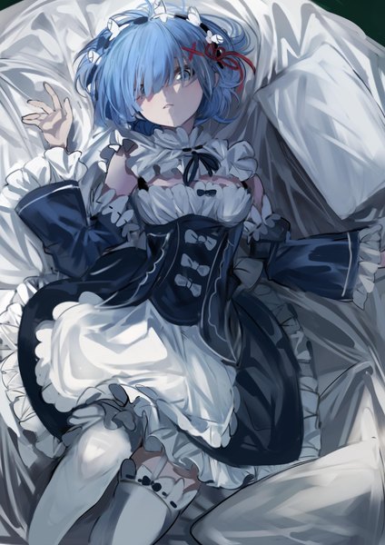 Anime picture 2480x3507 with re:zero kara hajimeru isekai seikatsu white fox rem (re:zero) ran (pixiv2957827) single tall image looking at viewer blush fringe highres short hair breasts blue eyes blue hair cleavage upper body lying blunt bangs parted lips :d