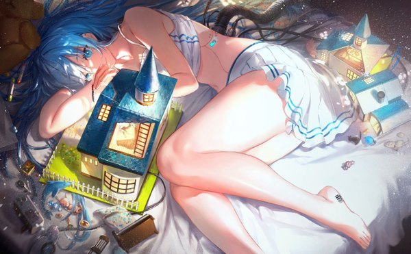 Anime picture 1521x941 with original hoojiro single long hair fringe blue eyes light erotic hair between eyes wide image holding blue hair looking away bent knee (knees) lying pleated skirt barefoot light smile from above bare legs on side