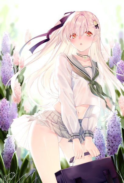 Anime picture 1000x1474 with original obiwan single long hair tall image looking at viewer blush fringe light erotic blonde hair hair between eyes red eyes standing holding outdoors ass long sleeves parted lips pleated skirt mole