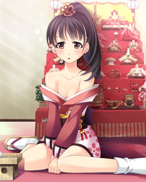 Anime picture 960x1200 with idolmaster idolmaster cinderella girls fukuyama mai cf-x (oceanus com) single long hair tall image looking at viewer blush light erotic black hair brown eyes ponytail traditional clothes japanese clothes hinamatsuri (festival) girl kimono