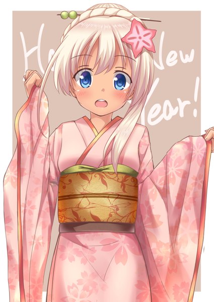 Anime picture 2508x3541 with kantai collection ro-500 submarine go-1 single tall image looking at viewer blush highres short hair open mouth blue eyes white hair traditional clothes japanese clothes new year happy new year girl hair ornament kimono obi