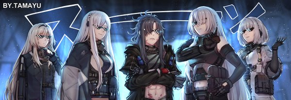 Anime picture 2500x865 with girls frontline ak-12 (girls frontline) an-94 (girls frontline) rpk-16 (girls frontline) ak-15 (girls frontline) angelia (girls frontline) tama yu long hair fringe highres short hair black hair blonde hair wide image standing multiple girls holding signed payot silver hair