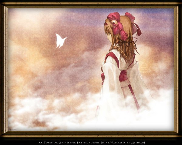 Anime picture 1280x1024 with ar tonelico gust (company) aurica nestmile nagi ryou meth-ane single long hair brown hair standing cloud (clouds) braid (braids) long sleeves traditional clothes japanese clothes profile from behind copyright name back official alternate costume single braid