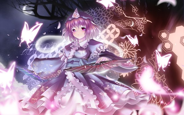 Anime picture 1920x1200 with touhou saigyouji yuyuko kaisu single highres short hair wide image purple hair pink eyes girl hat insect butterfly fan