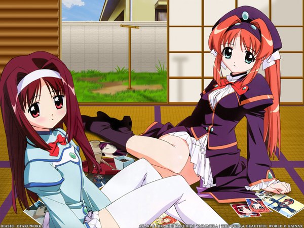 Anime picture 1600x1200 with kono minikuku mo utsukushii sekai hikari (konomini) akari (konomini) takamura kazuhiro dias80 long hair looking at viewer red eyes sitting multiple girls signed red hair indoors aqua eyes wallpaper character names vector third-party edit double buttons girl