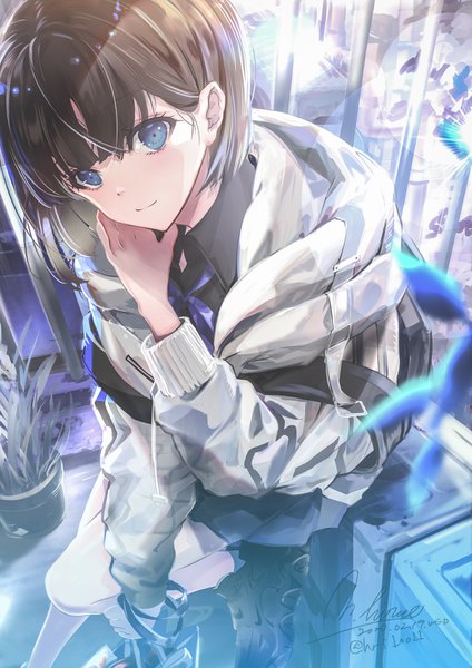 Anime picture 2480x3508 with original hirose (10011) single tall image looking at viewer fringe highres short hair blue eyes black hair smile standing signed blunt bangs long sleeves twitter username dated standing on one leg girl plant (plants)