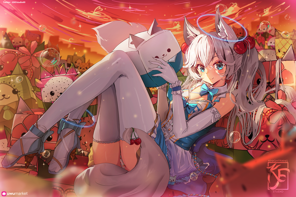 Anime picture 5400x3600 with virtual youtuber indie virtual youtuber kirsche verstahl knightfang single long hair looking at viewer blush fringe highres blue eyes light erotic smile hair between eyes sitting signed animal ears absurdres sky full body