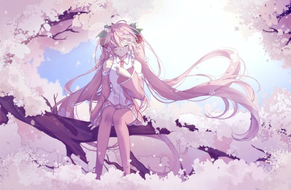 Anime picture 3508x2288 with vocaloid hatsune miku sakura miku kanvien single fringe highres hair between eyes sitting twintails pink hair absurdres eyes closed very long hair hair flower cherry blossoms tree sitting girl thighhighs flower (flowers)