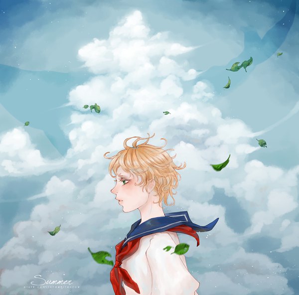 Anime picture 3508x3464 with original lord white crow single fringe highres short hair blonde hair green eyes signed looking away absurdres sky cloud (clouds) profile wind boy animal leaf (leaves) whale