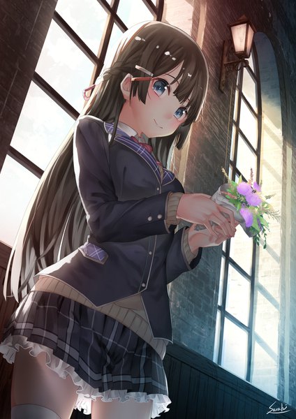 Anime picture 1202x1700 with virtual youtuber nijisanji tsukino mito saraki single long hair tall image looking at viewer blush fringe blue eyes black hair smile hair between eyes standing holding signed indoors braid (braids) pleated skirt