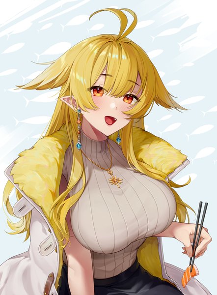 Anime picture 2800x3800 with virtual youtuber meridian project hibiki (vtuber) illian-san single long hair tall image fringe highres breasts open mouth blonde hair hair between eyes red eyes large breasts upper body ahoge :d pointy ears clothes on shoulders