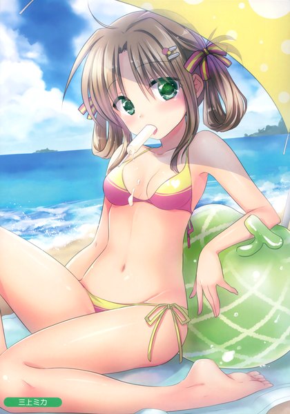 Anime picture 2450x3500 with melonbooks mikami mika single long hair tall image looking at viewer blush highres light erotic brown hair green eyes sky cloud (clouds) scan beach girl swimsuit bikini food sweets