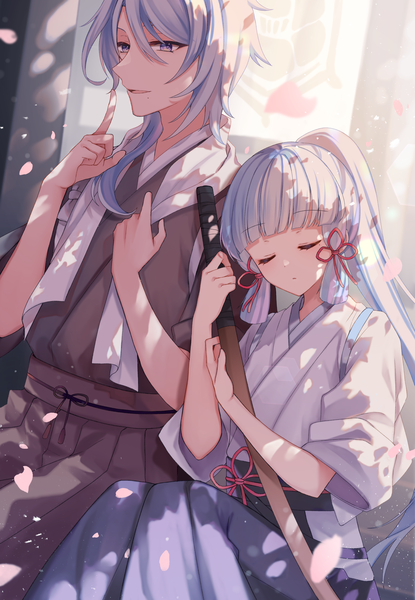 Anime picture 2160x3120 with genshin impact kamisato ayaka kamisato ayato ougi (u to4410) long hair tall image fringe highres sitting silver hair ponytail blunt bangs eyes closed traditional clothes japanese clothes multicolored hair streaked hair finger to mouth sleeping siblings