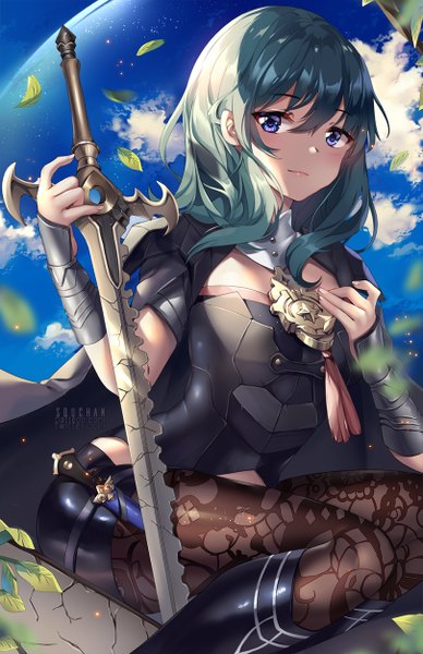 Anime picture 809x1250 with fire emblem fire emblem: three houses nintendo byleth (fire emblem) byleth (female) (fire emblem) squchan single long hair tall image looking at viewer blush fringe blue eyes hair between eyes sitting holding signed blue hair sky cloud (clouds)