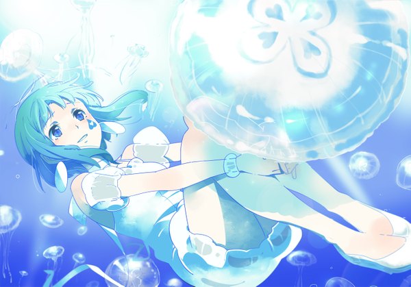 Anime picture 1443x1009 with 84k (artist) single blush short hair blue eyes smile aqua hair facial mark glowing underwater face paint girl earrings jellyfish