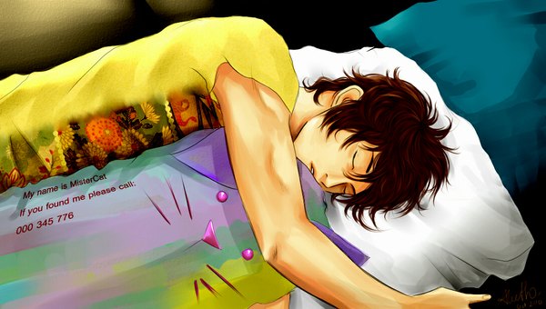 Anime picture 1087x617 with original aleeth single short hair brown hair wide image eyes closed inscription sleeping boy pillow cat blanket
