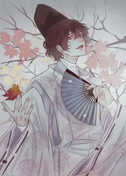 Anime picture 643x900 with bungou stray dogs studio bones dazai osamu (bungou stray dogs) saito yukihiro single tall image looking at viewer fringe short hair open mouth hair between eyes brown hair standing holding brown eyes traditional clothes head tilt japanese clothes grey background wide sleeves