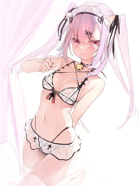 Anime picture 1000x1333 with original watarumi single long hair tall image looking at viewer blush fringe breasts light erotic simple background hair between eyes white background twintails bare shoulders animal ears payot pink hair bent knee (knees) blunt bangs