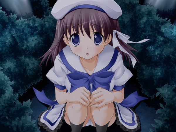 Anime picture 1200x900 with aozora no mieru oka nishimura haruna blue eyes light erotic brown hair game cg pantyshot pantyshot sitting girl