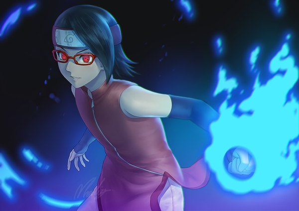 Anime picture 1500x1060 with naruto studio pierrot naruto (series) uchiha sarada natsuyu single looking at viewer short hair black hair smile red eyes standing bare shoulders signed glowing dark background fighting stance sharingan girl detached sleeves