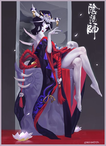 Anime picture 3000x4134 with original grandialee single tall image looking at viewer highres short hair black hair simple background red eyes sitting bare shoulders signed full body nail polish traditional clothes head tilt barefoot horn (horns) fingernails