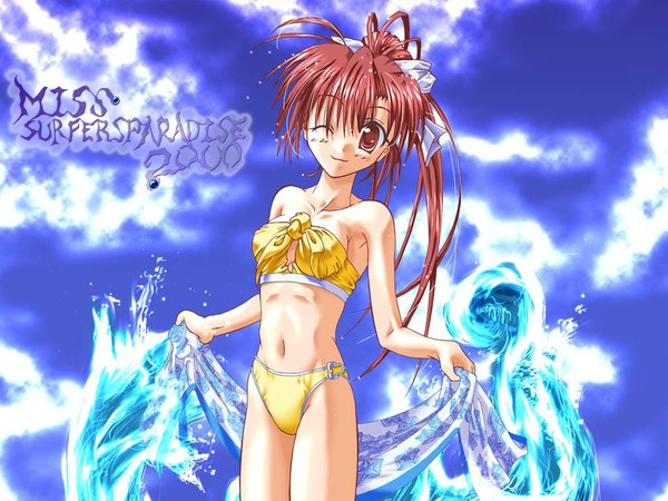 Anime picture 1024x768 with single long hair blush light erotic sky cloud (clouds) ponytail one eye closed wink girl swimsuit bikini