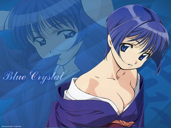 Anime picture 1152x864 with ai yori aoshi j.c. staff sakuraba aoi looking at viewer short hair blue eyes light erotic bare shoulders blue hair cleavage traditional clothes japanese clothes kimono