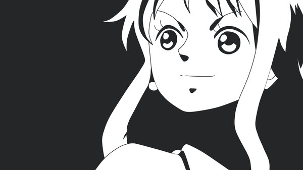 Anime picture 1920x1080 with one piece toei animation nami (one piece) kiro (mieru) single long hair fringe highres simple background wide image looking away light smile black background monochrome high contrast flat color girl earrings