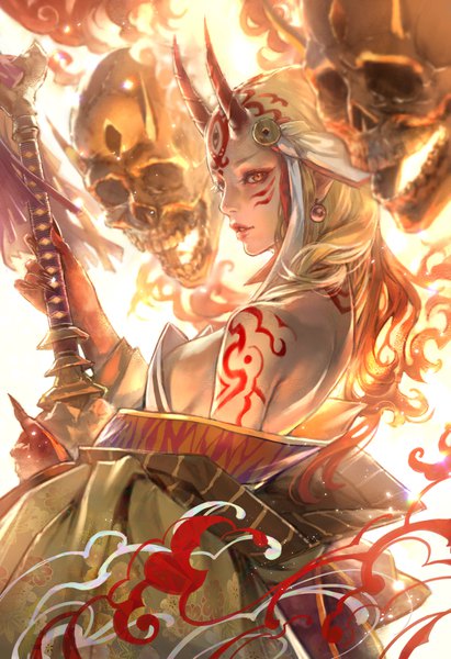 Anime picture 1260x1837 with fate (series) fate/grand order ibaraki douji (fate) kaburagi yasutaka single long hair tall image looking at viewer breasts light erotic blonde hair holding cleavage upper body traditional clothes parted lips japanese clothes profile horn (horns) off shoulder