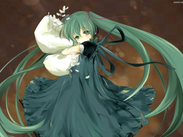 Anime picture 1600x1200 with vocaloid hatsune miku long hair twintails green eyes aqua hair sad girl dress ribbon (ribbons) hair ribbon pillow black dress feather (feathers)