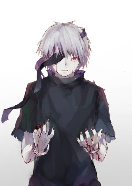 Anime picture 738x1041 with tokyo ghoul studio pierrot kaneki ken fuurin single tall image looking at viewer open mouth red eyes nail polish fingernails bleeding bloody tears boy blood eyepatch t-shirt shackles