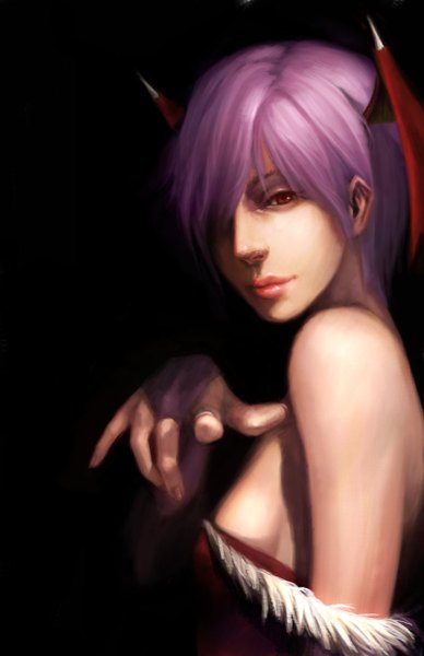 Anime picture 800x1236 with vampire / darkstalkers (game) lilith aensland noa ikeda single tall image looking at viewer fringe short hair breasts light erotic simple background red eyes bare shoulders pink hair hair over one eye sideboob black background head wings pointing girl