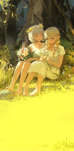 Anime picture 1196x2440 with dungeon meshi studio trigger marcille donato falin touden falin touden (tallman) meinoss long hair tall image short hair blonde hair sitting multiple girls green eyes silver hair full body outdoors braid (braids) eyes closed barefoot pointy ears