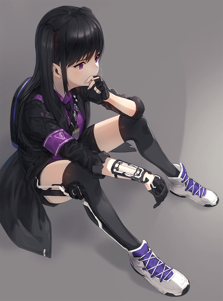 Anime picture 813x1098 with original kfr single long hair tall image fringe black hair simple background sitting purple eyes twintails payot bent knee (knees) fingernails grey background open clothes smoke smoking girl thighhighs
