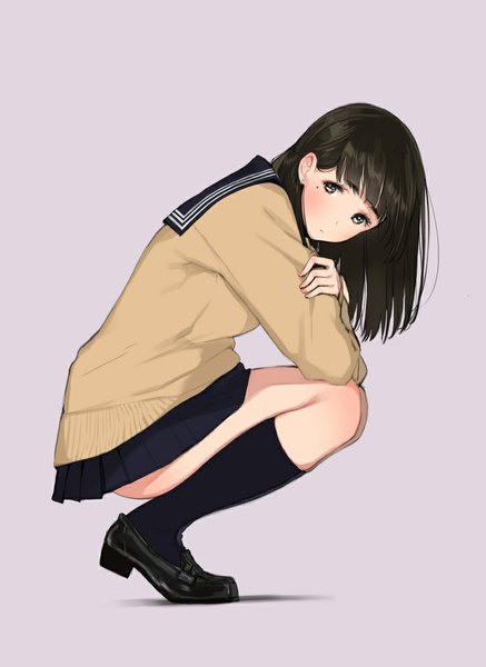 Anime picture 752x1031 with original tsukino wagamo single tall image looking at viewer blush fringe short hair black hair simple background sitting brown eyes bent knee (knees) pleated skirt mole leaning mole under eye squat pink background girl