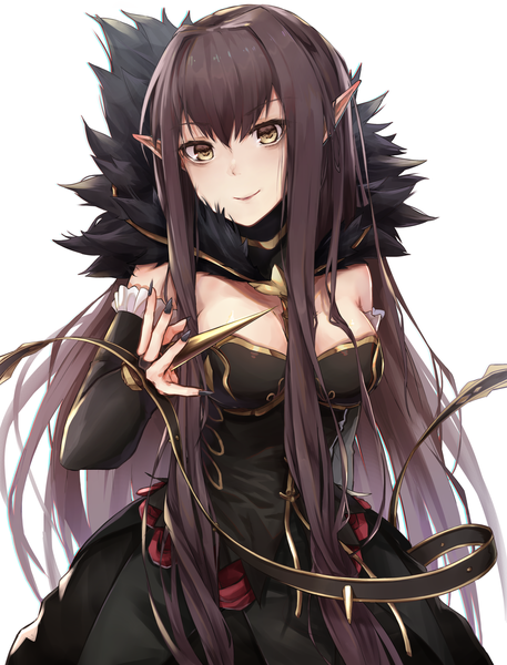 Anime picture 1744x2288 with fate (series) fate/apocrypha semiramis (fate) black cola single long hair tall image fringe highres breasts black hair simple background smile hair between eyes white background brown eyes looking away cleavage nail polish fingernails