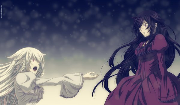 Anime picture 2560x1500 with pandora hearts xebec alice (pandora hearts) ioshik long hair highres open mouth black hair wide image multiple girls white hair pink eyes coloring dual persona girl dress 2 girls