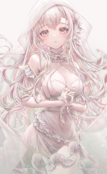 Anime picture 1030x1668 with original yuubarish single long hair tall image looking at viewer blush fringe breasts simple background large breasts standing white background cleavage white hair parted lips puffy sleeves frilled dress hair over shoulder interlocked fingers