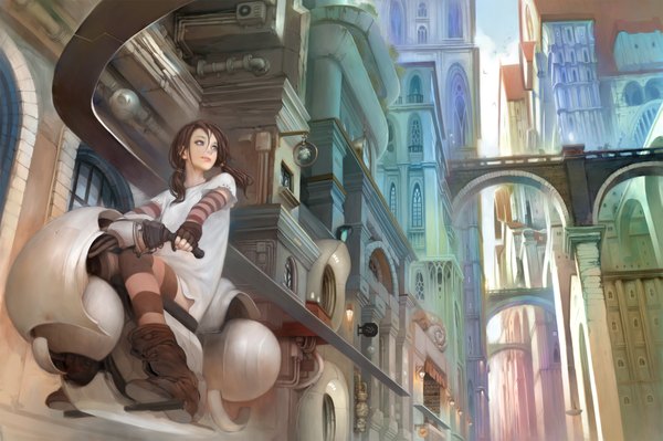Anime picture 1811x1207 with original mujiha (mlog) single long hair highres brown hair purple eyes twintails looking away sky cloud (clouds) realistic from below city striped cityscape street architecture mechanical girl