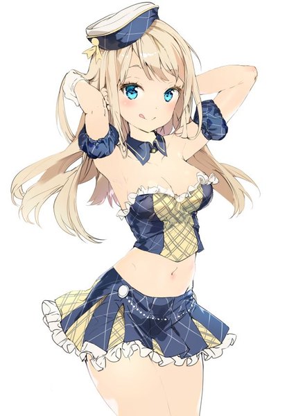 Anime picture 593x859 with tokyo 7th sisters alessandra susu anmi single long hair tall image looking at viewer blush fringe breasts blue eyes light erotic simple background blonde hair smile large breasts standing white background payot cleavage