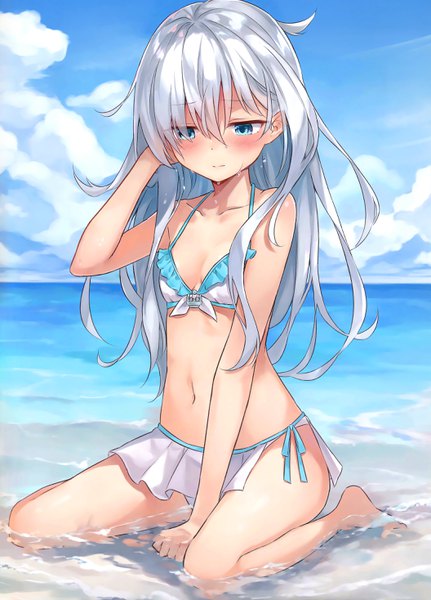 Anime picture 2112x2936 with kantai collection hibiki destroyer azuuru single long hair tall image blush fringe highres breasts blue eyes light erotic hair between eyes sitting sky silver hair cloud (clouds) ahoge arm up arm support