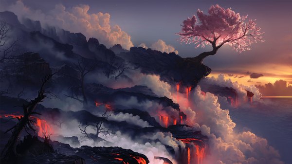 Anime picture 1500x844 with original arcipello wide image realistic cherry blossoms smoke mountain no people scenic bare tree rock morning sunrise lava plant (plants) tree (trees) water sea fire molten rock